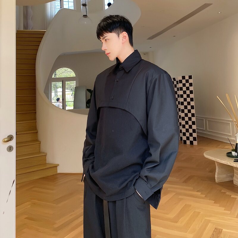 山本暗黑系小众个性超短款翻领长袖男衬衣纯色通勤凹造型3637P75图片