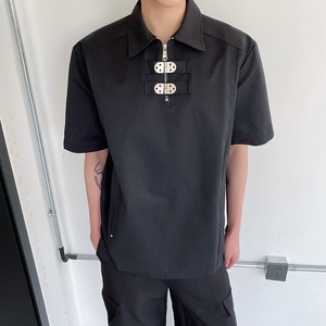 夏季个性金属扣设计翻领短袖男女衬衣潮流痞帅套头衬衫5081P85图片