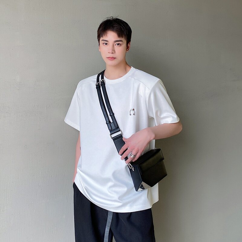 夏季简约垫肩圆领针织短袖男T恤个性金属环设计潮流上衣3614P60图片