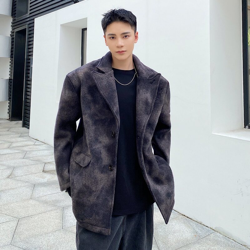 冬季加厚翻领毛呢大衣个性扎染韩版休闲宽松外套5023P165,男装毛呢大衣,电商A246