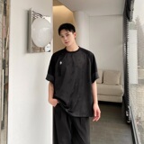 夏季新中式缎面提花拼接圆领短袖男女T恤复古风上衣9769P85，男装T恤，电商A246