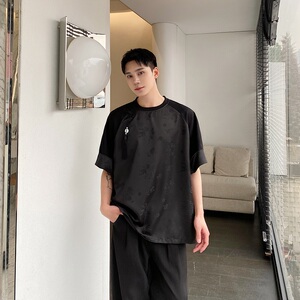 夏季新中式缎面提花拼接圆领短袖男女T恤复古风上衣9769P85图片