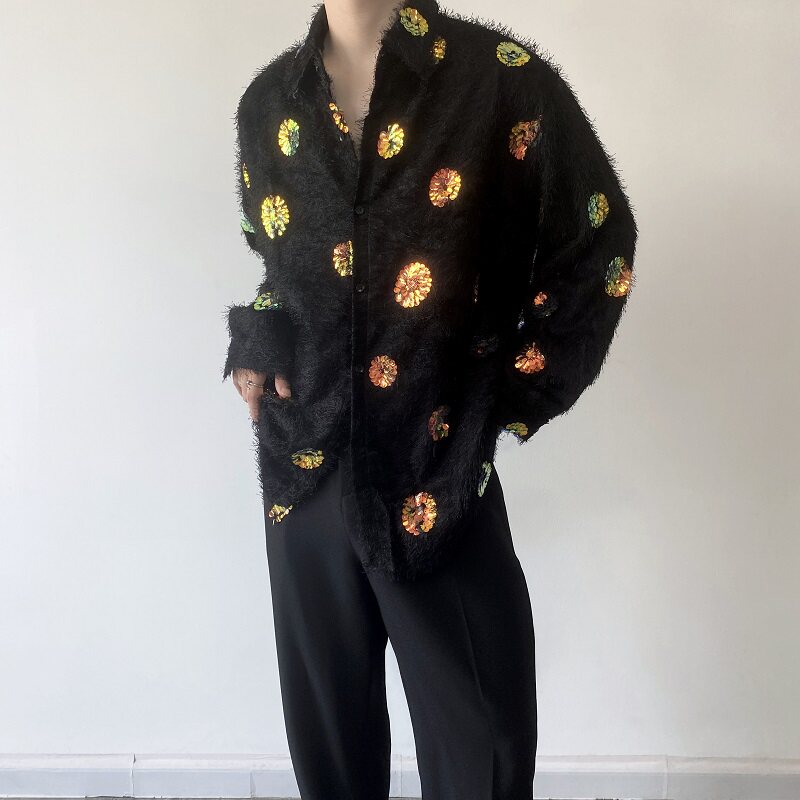 秋小众个性亮片羽毛气质翻领长袖男衬衣潮流舞台装发型师3824P95,男装衬衫,电商A246