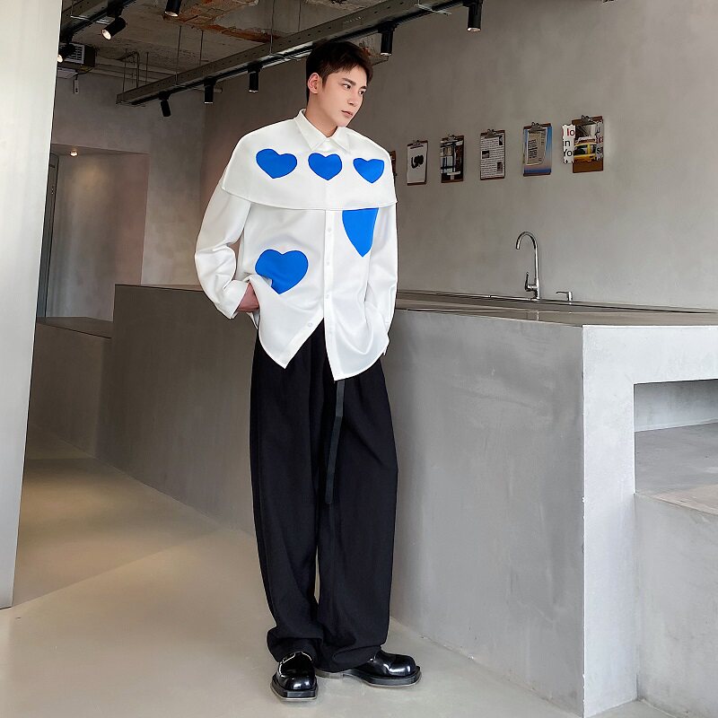 原创个性两件套披肩设计潮流长袖男衬衣时髦桃心贴布上衣3634P105图片