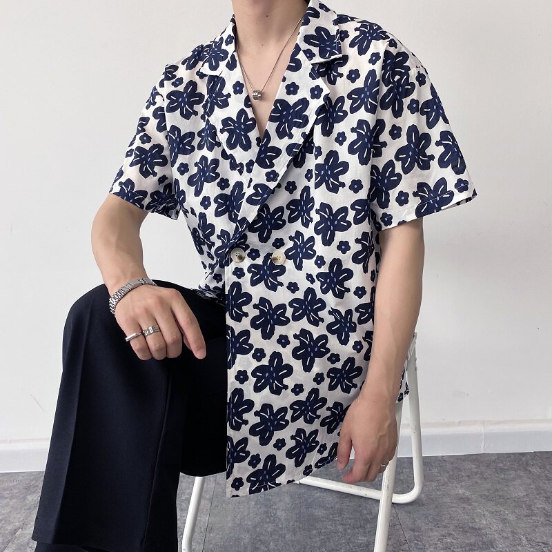 夏季简约复古印花西服领短袖男女衬衣潮流休闲衬衫2385P75,男装T恤,电商A246