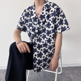 夏季简约复古印花西服领短袖男女衬衣潮流休闲衬衫2385P75，男装T恤，电商A246