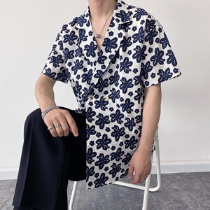夏季简约复古印花西服领短袖男女衬衣潮流休闲衬衫2385P75图片