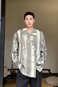 秋季个性肌理纹水墨画中式翻领盘扣男女衬衣复古休闲衬衫5171P95图片