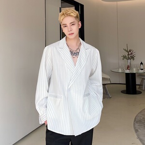 个性简约条纹西服领长袖男衬衣气质冷淡风通勤衬衫上衣3605P80