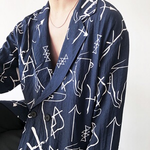 个性原创复古图腾棉麻料西服领长袖男衬衣2405-P75,游泳短裤搭配图片