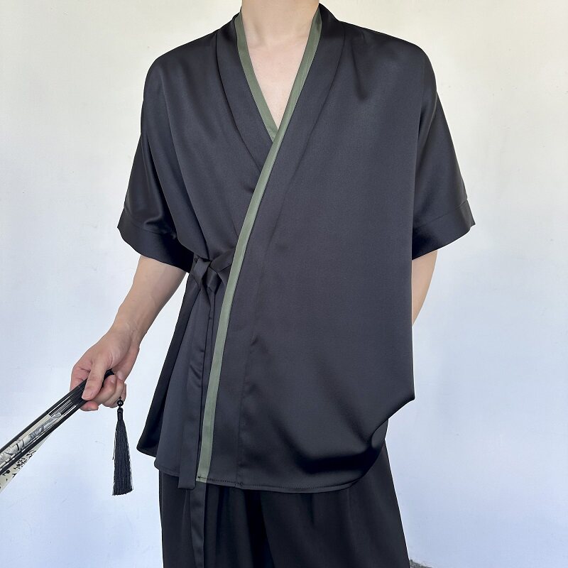 夏季新中式缎面拼色绑带设计短袖男女衬衣复古风禅意5257P85,男装T恤,电商A246