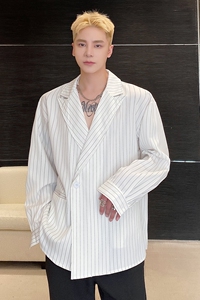 个性简约条纹西服领长袖男衬衣气质冷淡风通勤衬衫上衣3605P80