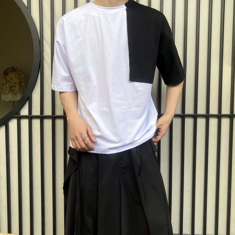 夏季潮流个性撞色圆领短袖男女T恤简约复古休闲半袖506P45图片