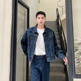 秋季新款韩版蓝色牛仔套装翻领短款牛仔夹克直筒阔腿长裤ZK16P185，男装夹克，电商A246