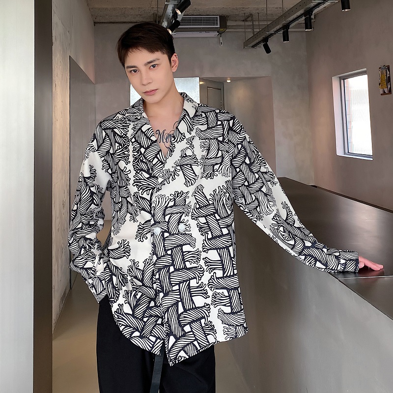 复古印花西服领长袖男衬衣韩版潮流宽松雅痞时髦衬衫3628P85，男装西服，电商A246