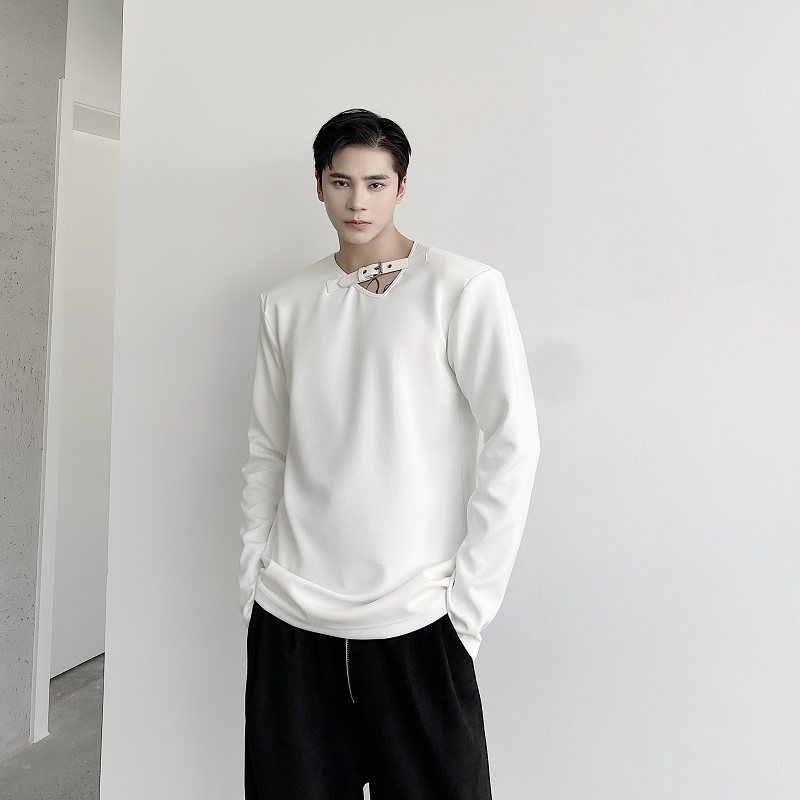 新款个性小众V领设计感圆领长袖T恤男潮牌痞帅宽松上衣5105-P75图片