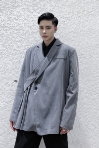 早春原创设计灰色褶皱多系带多种穿法时尚休闲西服A246-3983-P135图片