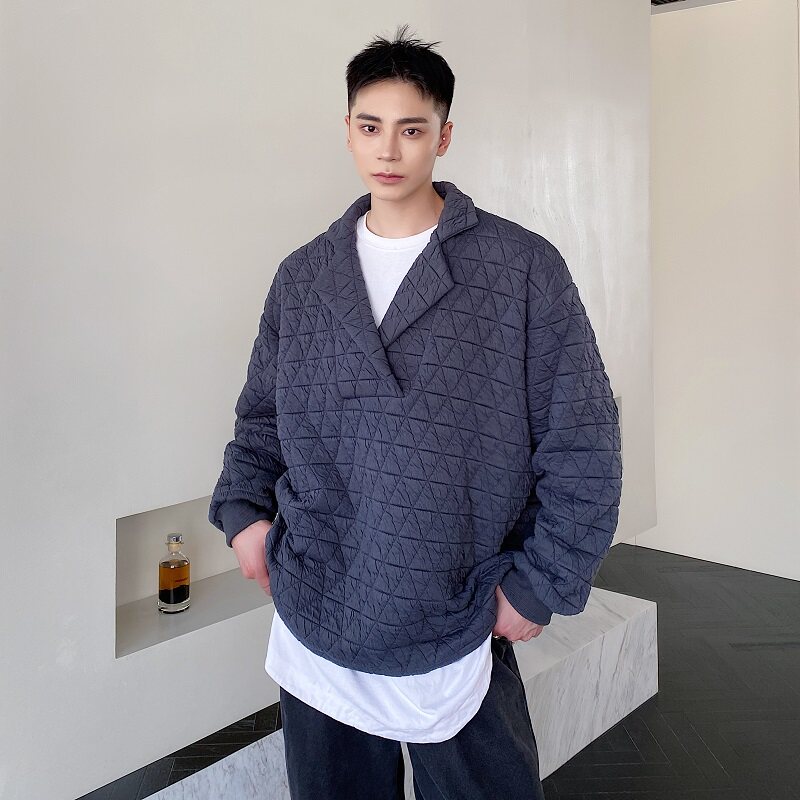 冬季个性菱形格绗棉翻领加厚套头男上衣外套卫衣A246-5020-P90,男装卫衣,电商A246