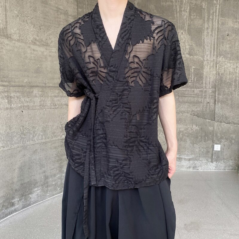 夏季新中式镂空花卉禅意绑带短袖男女衬衣风复古衬衫9778P80,男装衬衫,电商A246