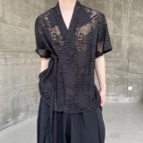 夏季新中式镂空花卉禅意绑带短袖男女衬衣风复古衬衫9778P80，男装衬衫，电商A246