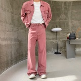 秋冬新款牛仔套装潮流多巴胺粉色翻领牛仔外套阔腿喇叭裤ZK15P195，男装工装外套，电商A246