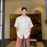 夏新中式缎面提花立领短袖男女衬衣复古风流苏压襟设计6816P95，男装T恤，电商A246