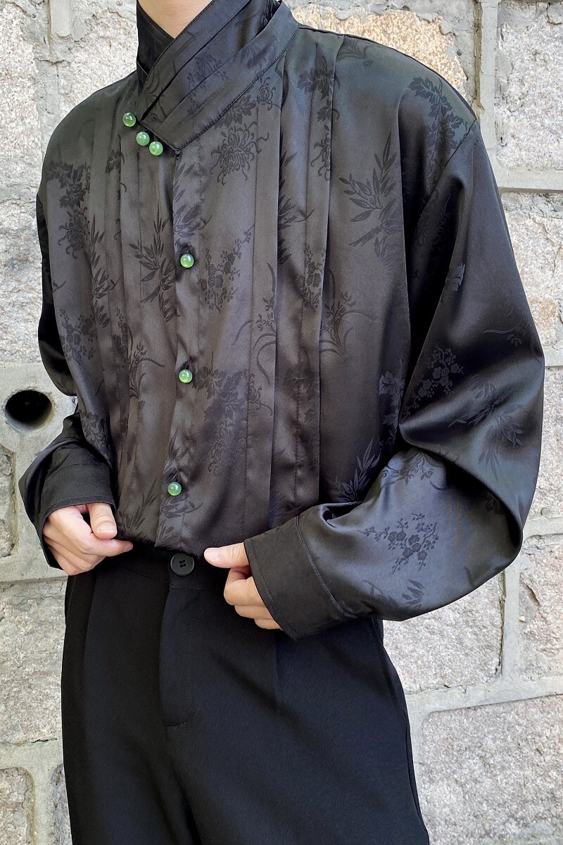 秋季新款中式褶皱设计立领长袖男女衬衣复古缎面提花衬衫2587P95,男装衬衫,电商A246