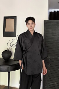 新中式汉服山水提花锦缎斜襟绑带设计中袖男女道袍上衣3575P135图片