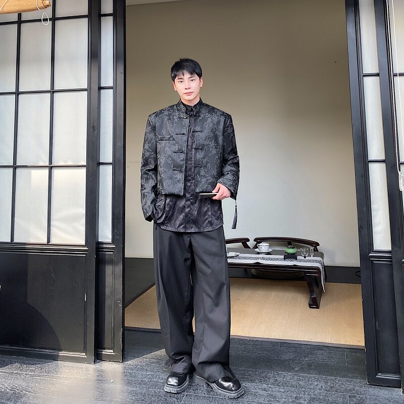 秋冬中式浮雕花纹立领盘扣短款男女皮衣外套潮流风上衣2633P135,男装皮衣,电商A246