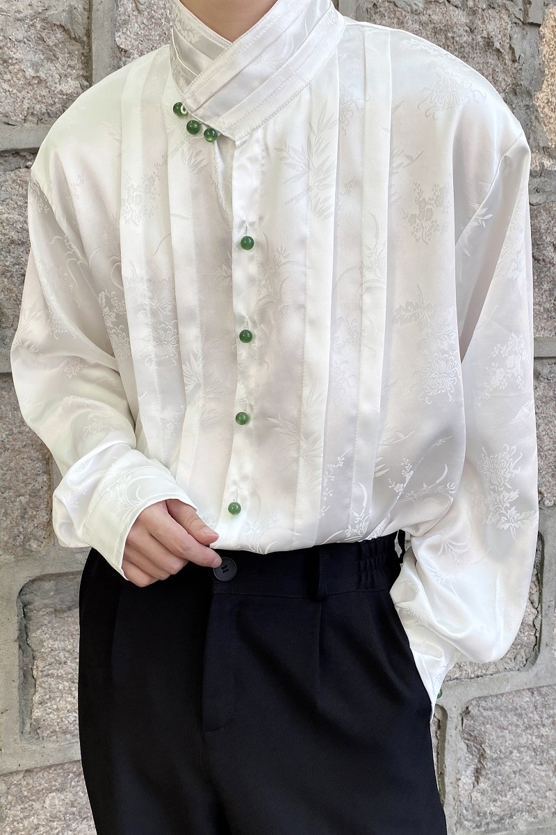 秋季个性提花缎面新中式褶皱设计立领长袖男女衬衣宽松2587P95,男装衬衫,电商A246