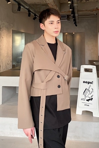 春季自制不规则两件套短款男西服韩版潮流纯色飘带外套3719P155图片