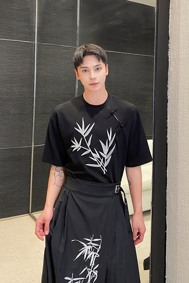 新款中式刺绣盘扣百搭圆领针织T恤复古半袖上衣A246-9771-75,男装T恤,电商A246