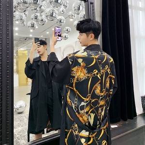 个性印花拼接翻领长款男风衣外套A246-2120-P120图片