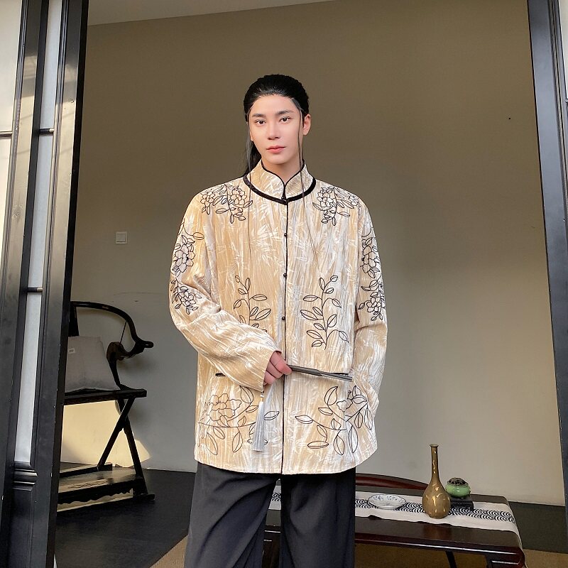 春季中式丝绒压花刺绣立领长袖男女衬衣外套复古禅意上衣3539P135,男装衬衫,电商A246