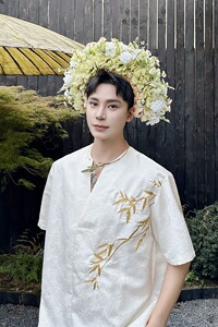 夏季新中式提花绣竹套头V领男女短袖衬衣复古禅意休闲衬衫5260P95图片