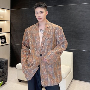 秋季个性蕾丝提花复合毛呢复古格纹男西服潮流宽松男外套3743P135