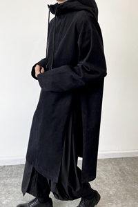 秋冬暗黑连帽长款侧开叉套头男风衣个性小众设计款外套2431P125图片