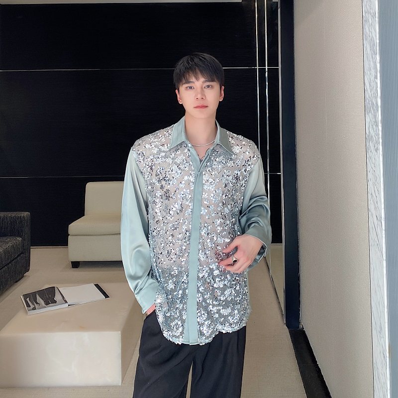 潮流原创缎面亮片拼接翻领长袖衬衣个性发型师舞台装5246P105图片