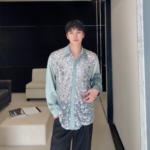 潮流原创缎面亮片拼接翻领长袖衬衣个性发型师舞台装5246P105图片