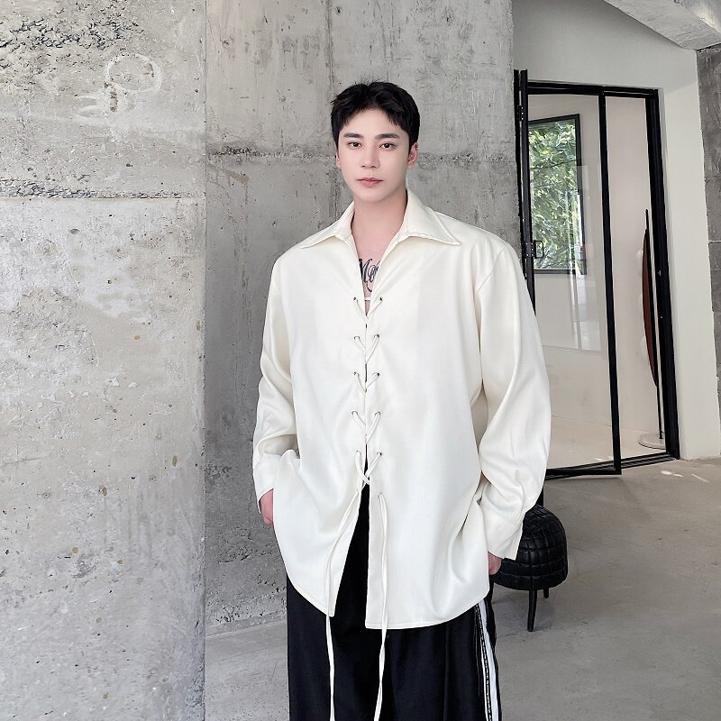 早秋个性绑带设计翻领长袖男衬衣禁欲系纯色上衣2481P85,男装衬衫,电商A246