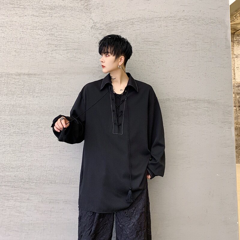 暗黑个性绑带流苏明线撞色宽松翻领衬衣A261-3010-P65图片