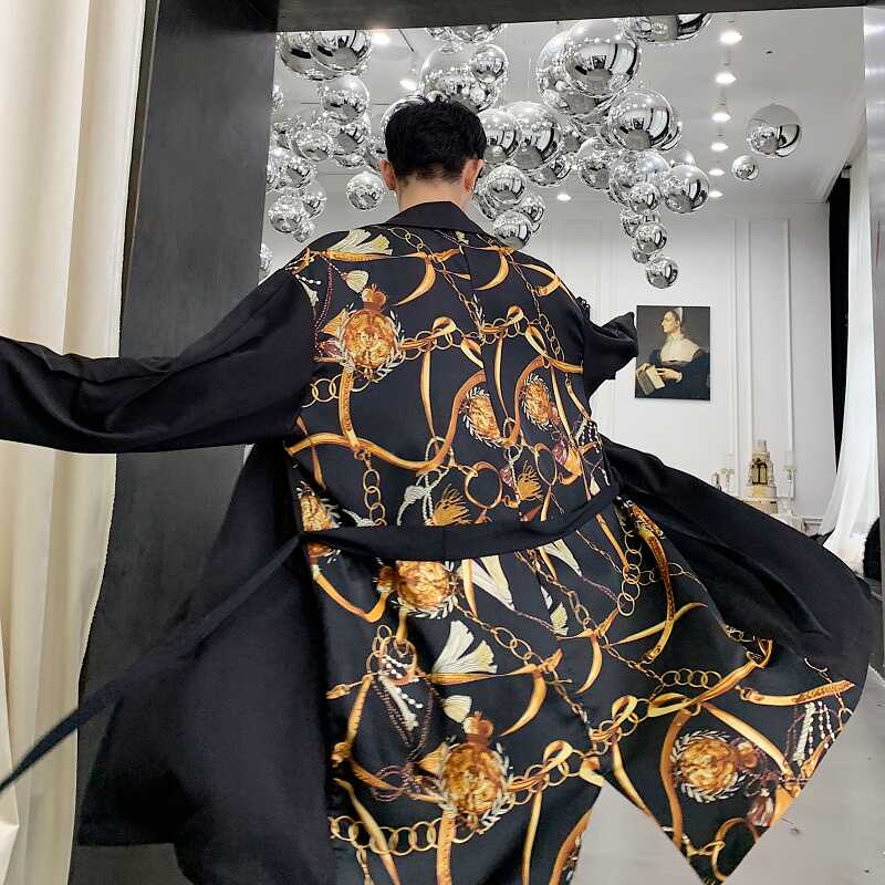 个性印花拼接翻领长款男风衣外套A246-2120-P120,男装风衣,电商A246