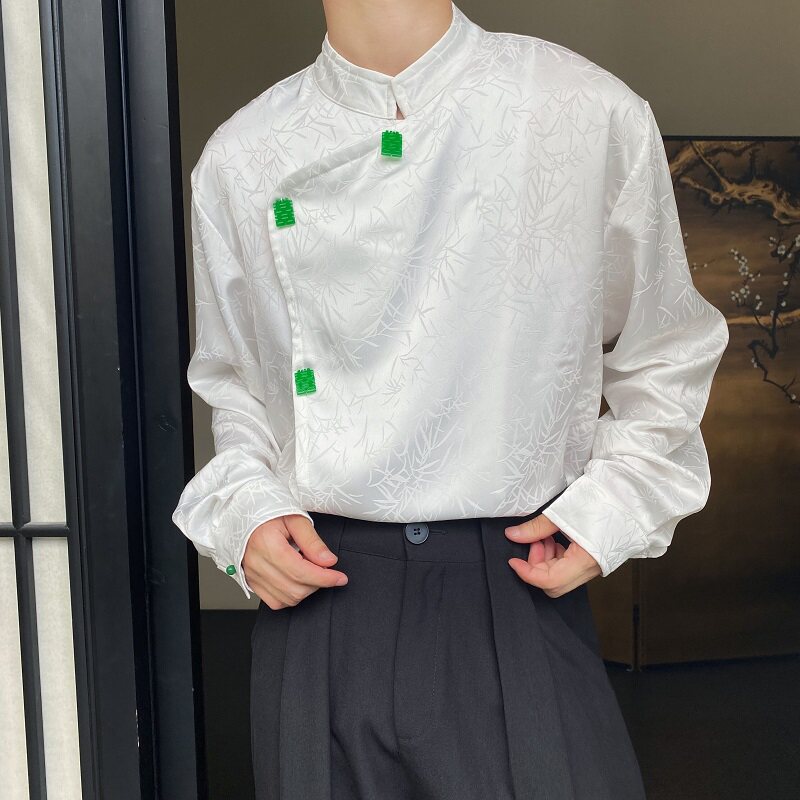 秋季中式斜襟立领长袖男女衬衣复古缎面提花玉喜挂饰衬衫2607P105图片