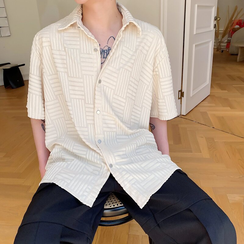 山本暗黑系个性毛巾绣提花翻领短袖男衬衣潮流衬衫3642P75,男装T恤,电商A246
