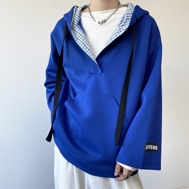 新款克莱因蓝连帽V领格纹拼接男卫衣韩版潮流复古套头上衣9723P65，男装卫衣，电商A246