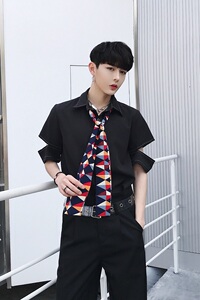 夏季潮流领带设计翻领短袖男衬衣个性休闲半袖衬衫610P60图片