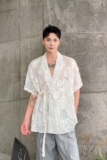 夏季新中式绑带设计男女短袖衬衣风禅意薄纱休闲衬衫9779P80，男装衬衫，电商A246
