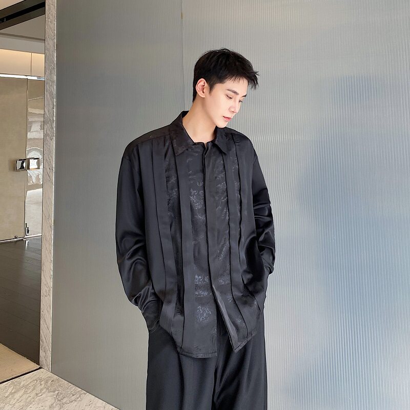 早秋改良中式缎面提花拼接翻领男女长袖衬衣复古雅痞衬衫2579P95图片