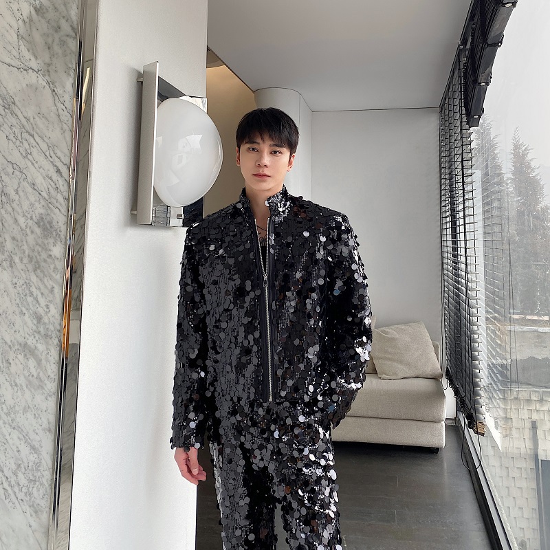 男秋季短款原色纯色亮片立领夹克服装男士上衣春季气质长袖网红，男装夹克，电商A246