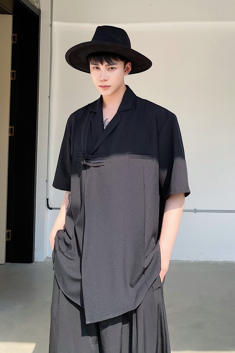夏季暗黑冷淡风亚麻透气短袖翻领复古盘扣男衬衣潮流个性3636P80,男装T恤,电商A246